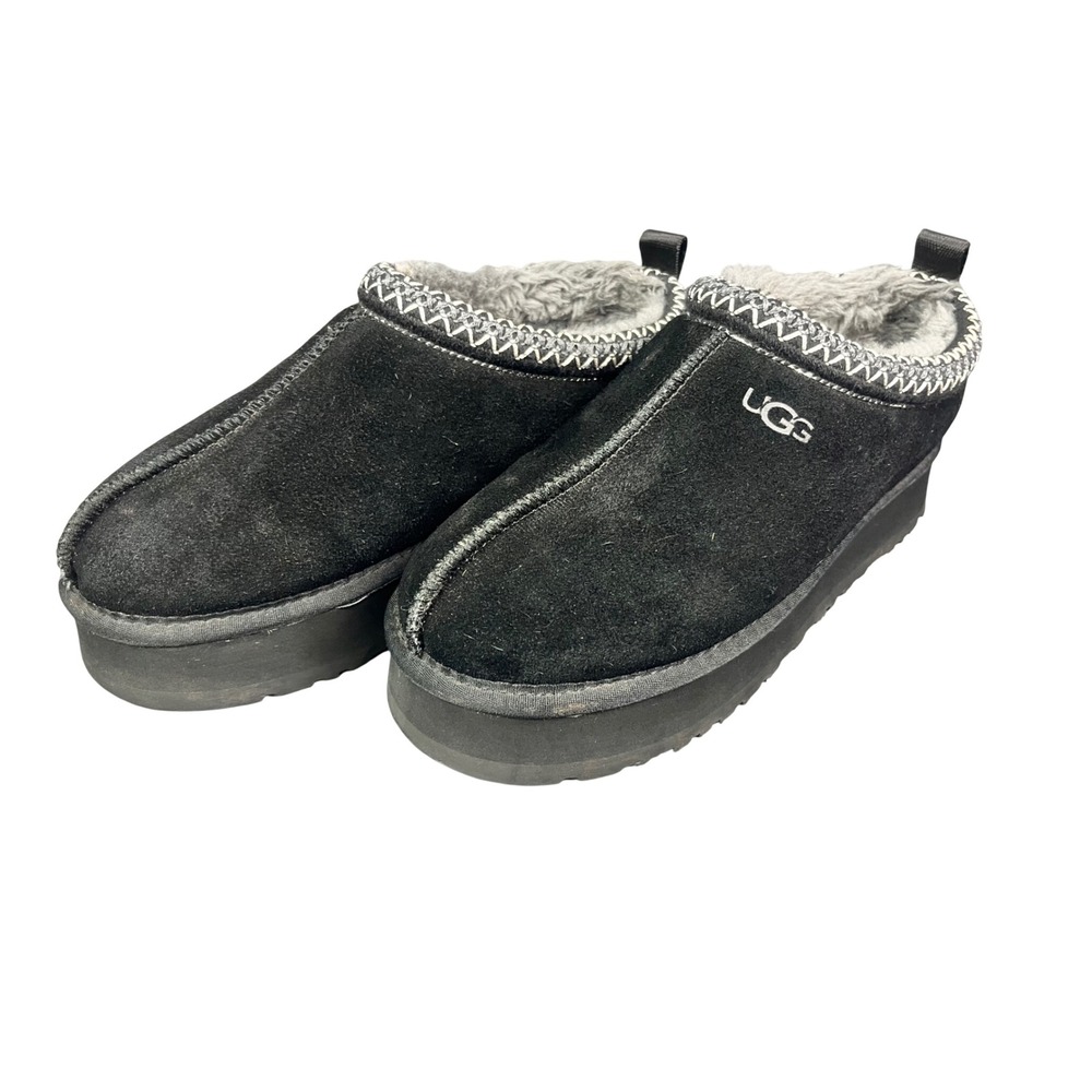 UGG Black Suede Platform Sheepskin Lined Tasman Slippers Womens 7.5 House Shoes